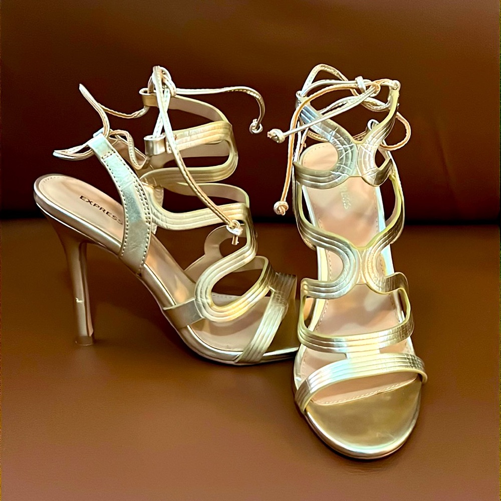 Express Strappy Gold Ankle Wrap Heels